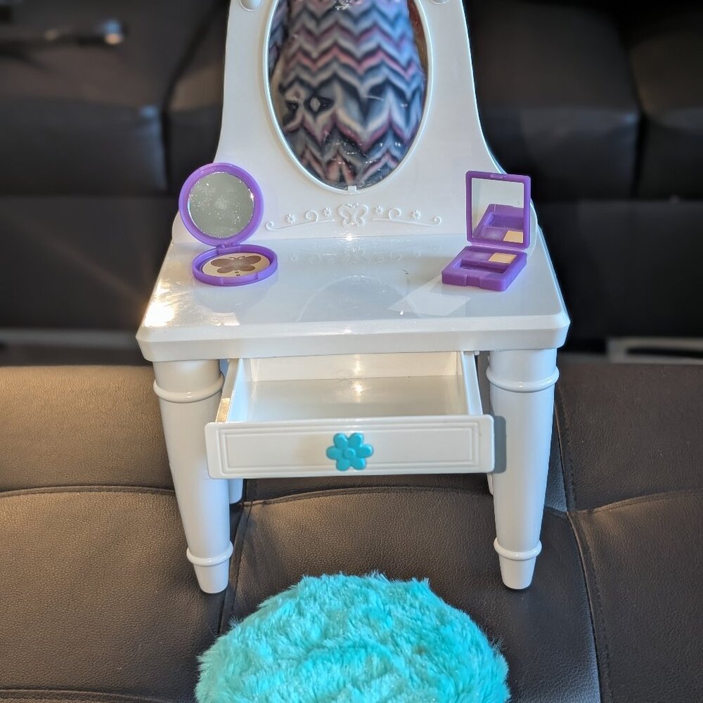 White and blue Barbie doll makeup vanity set with mirror and stool